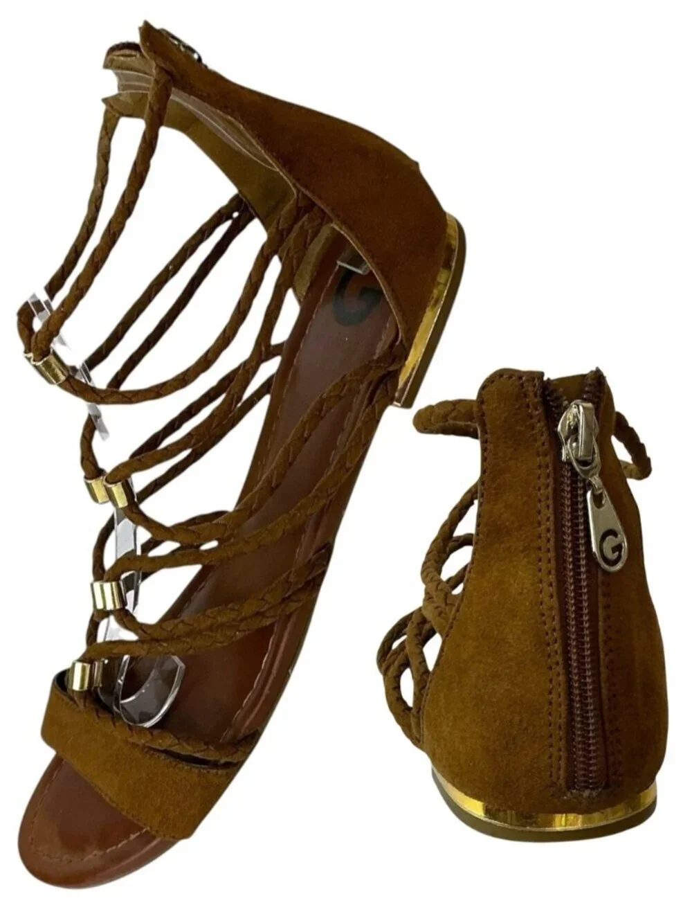 Guess Gladiator Sandals Suede Leather Strappy Gold Accents Brown 8 1/2 Medium